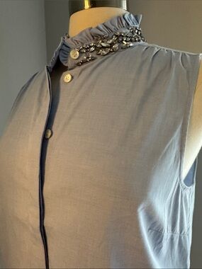 J Crew NWOT Sleeveless Ruffle Beaded Collar Blouse - Blue, Size 10